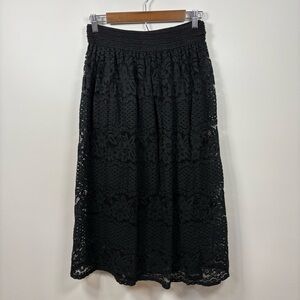 Black Lace Midi Skirt L Goth Boho Romantic Cottagecore Elastic Waist